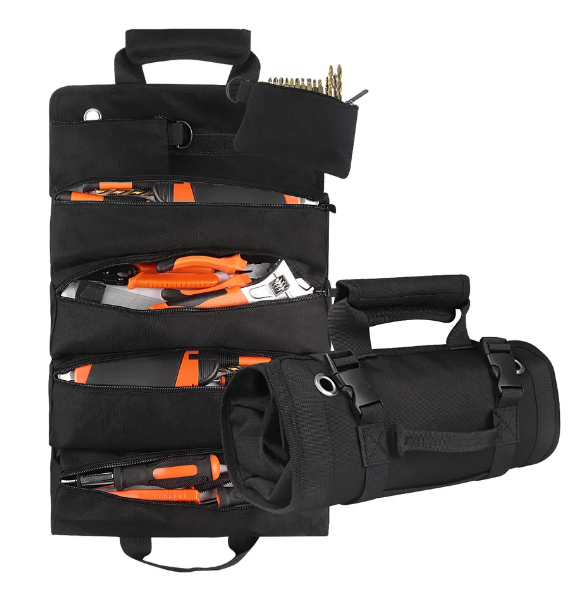 thumbnail image 2 of 2-Pack Roll Up Tool Bags - Portable Tool Organizer With Zippered Pockets Black & Blue 2 of 9